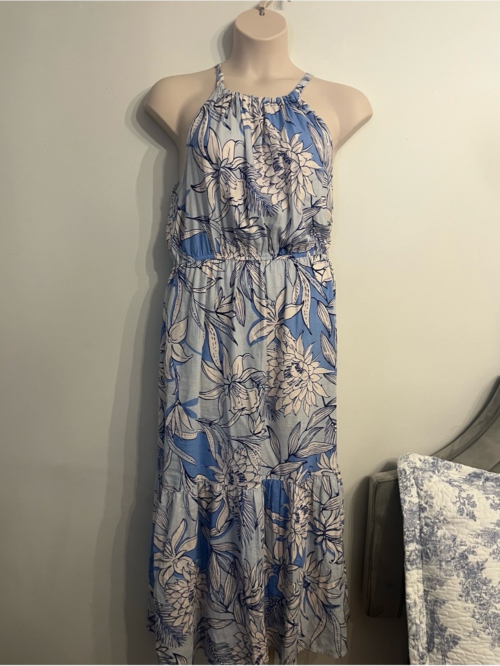 Halston Heritage Blue and White Floral Halter Maxi Dress